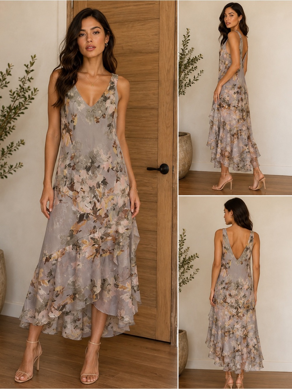 R&M Richards Gray Floral High-Low V-Neck Ruffle Dress